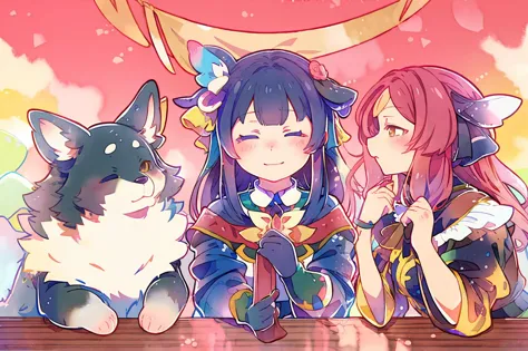 anime characters sitting on a table with a cat and a dog