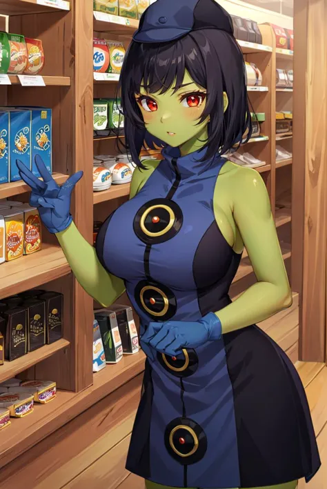 anime girl in a blue dress in a store with shelves of cereal