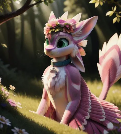 detailed full body rendering of a light pink avali, pink stripes, green eyes, white nose blue collar, flower wreath, big tail with feathers masterpiece, pixar, detailed fur best quality, ultra high res, extremely detailed, visually stunning, beautiful,  4 ears
((detailed fluffy fur)),(detailed background, depth of field, half body shadow, sunlight, ambient light on the body),
(intricate:0.7), (high detail:1.2), (unreal engine:1.3), (sharp focus:1.1),
[explicit content, questionable content], (masterpiece, best quality, 4k, 2k, shaded, absurd res) 
<lora:avaliV1-medium:1>  <lora:vrcfurry_v3:0.78>