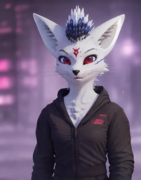 rexouium female cyberpunk close up face, holding a red katana, hoodie, red glowing eyes, (white furs and ears), (((feather hairs, strong rim light, city blurry background, cute))), ESAO, unreal engine 5 quality render, a 3D render, ultra realistic furs, realistic lighs, ultra detailed,     eonn  (purukogi_anime:0.5)