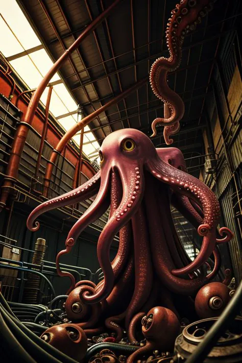 (mutated octopus people, mechanical accents, wires, pipes,  in a factory:1.2)<lora:gigersAlienFactory_11768:1.2>