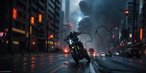 (giger style dark aliens leaping from an exploding oil tanker, action, explosions, wires, pipes, on a busy cyberpunk highway:1.2...