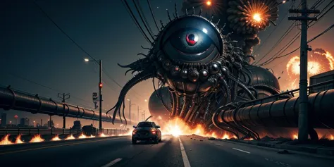 (close up metal eye, giger style parasitic aliens leaping from an exploding oil tanker, action, explosions, wires, pipes, on a b...