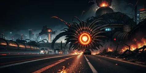 (close up metal eye, giger style parasitic aliens leaping from an exploding oil tanker, action, explosions, wires, pipes, on a busy cyberpunk highway<lora:gigersAlienFactory_11768:.9>:1.2),(action composite, monochromatic:.1)