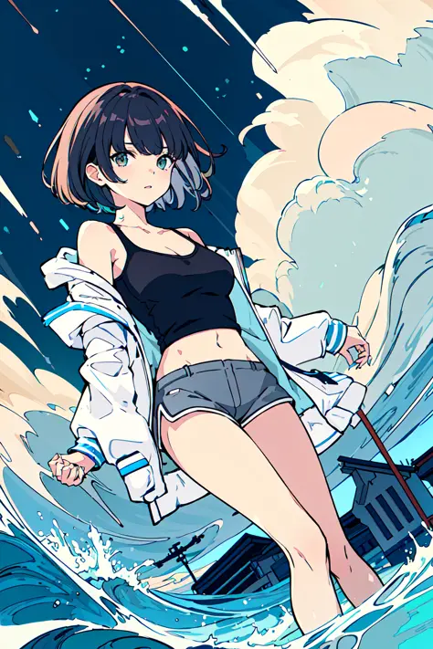 masterpiece, intricate detail,best quality, 1girl, black hair, whale, solo, shorts, jacket, short hair, building, outdoors, midriff, navel, cloud, crop top, waves, off shoulder, water, clock, sky, rain, bangs, looking at viewer, grey shorts, wide shot, cloudy sky, white jacket, animal, bare legs, dolphin, short shorts