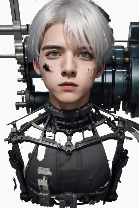 Masterpiece, illustration,8K wallpaper, super detailed,portrait,(full body),((damaged)),dissection,
(1boy:1.5),(solo),(Machine),white hair,Medium breasts,Beautiful detailed red eyes,(Mechanical (heart)),(Dirty face:1.3),
(Wire),(Transmission tube),
dissection, with internal mechanical parts exposed from the injury and short circuit,indicate,suffering heavy damage to her body and waist, dissection, with internal mechanical parts exposed from the injury and short circuit,indicate,(in Assemble:1.3),
(white background: 1.8),natural light, light tracing
<lora:None-01:0.66>, masterpiece, best quality,