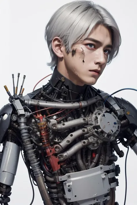 a close up of a person with a robot body and a machine