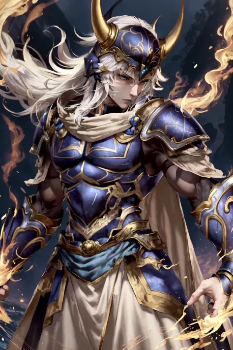 masterpiece, best quality, 1boy, solo, WarriorOfLight  <lora:WarriorOfLightV1:0.9>, long white hair, blue armor, gold trim, horn...