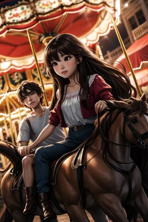 a girl and boy ride on a horse in front of a carousel