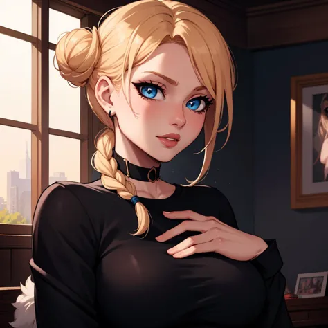 anime girl with blonde hair and blue eyes in a room