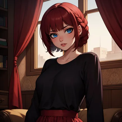 Best_QualityPos, RAW photo, intricate details, best quality, 8k uhd, soft lighting, 1girl, solo, blue eyes, black shirt, Light Red, Curtain bangs,   Razor-cut layers,  Twists