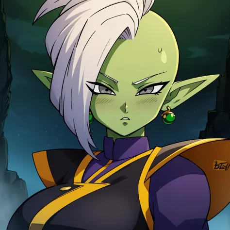 Best_QualityPos, RAW photo, intricate details, best quality, 8k uhd, soft lighting, solo, 1girl, large breasts, blush, colored skin, green skin, mohawk, white hair, grey eyes, single earring, green earring  <lora:Zamasu:0.7>