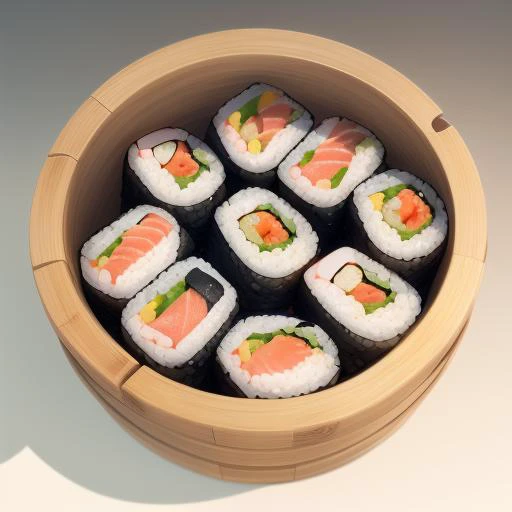 Delicious sushi in a round bamboo basket, cartoon, food, game icon, (master composition),Transparent Background