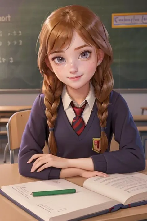 a close up of a girl sitting at a desk with a book