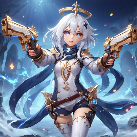 <lora:xl_paimeng girl2-000008:1>,paimeng girl,white hair,Special clothing,wielding dual pistols <lora:XL_Weapon_Dual_Pistols_-_B...