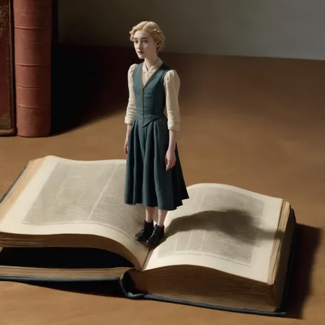 arafed image of a girl standing on a book