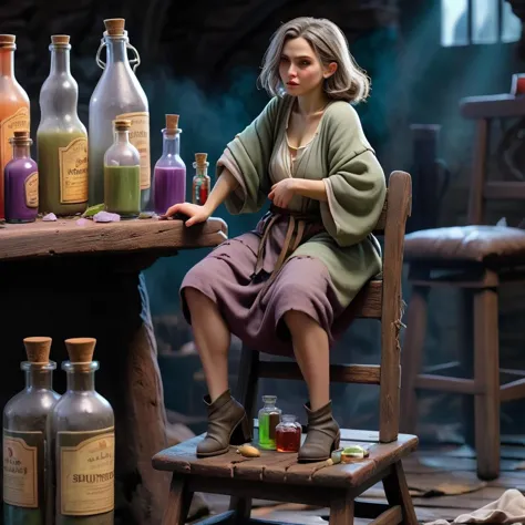 there is a woman sitting on a chair in front of a table with bottles