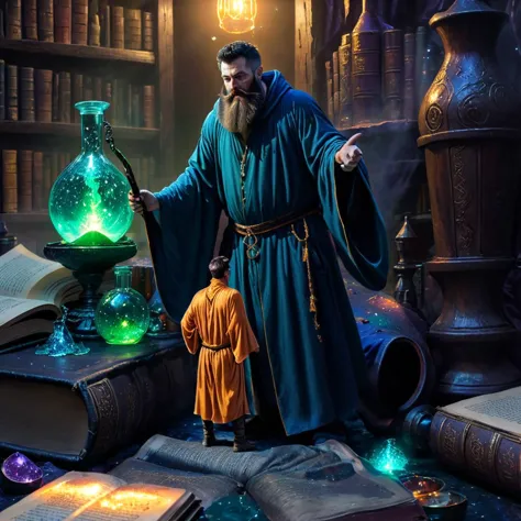 arafed image of a wizard with a child in front of a book shelf