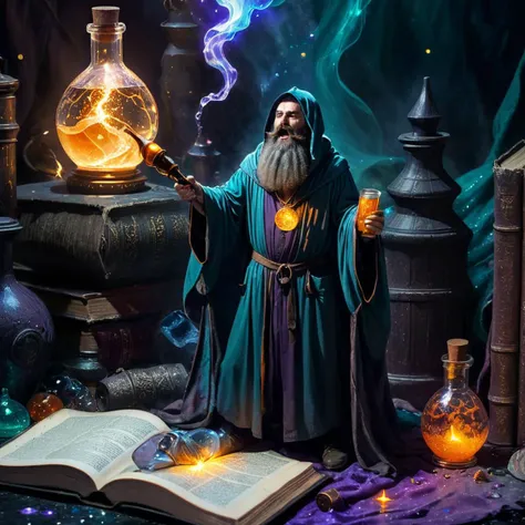 arafed wizard with a magic wand and a book surrounded by books and candles