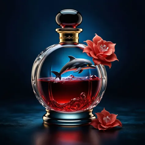 ultra realistic full body color pencil drawn portrait of  
a perfume bottle with a dolphin and ruby red perfume in it.
break
dee...