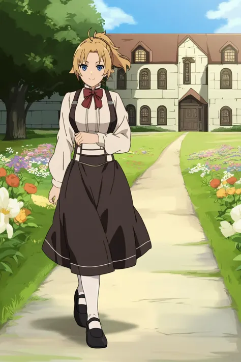 a woman in a dress and bow tie walking down a path