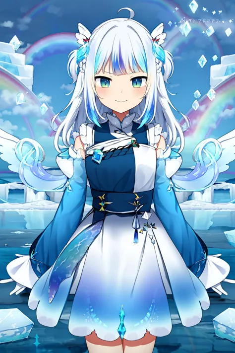 <lora:gura_v1.1-000010:0.8>,  gawr gura, 1girl, solo, best quality, masterpiece, highres, looking at viewer,  cowboyshot, shark tail, hair ornament,  smile, detailed ice,beautiful detailed water,(beautiful detailed eyes),expressionless,beautiful detailed white gloves, (floating palaces:1.2),azure hair,disheveled hair,long bangs, hairs between eyes, (skyblue dress),black ribbon,white bowties,midriff,big forhead,blank stare,flower,large top sleeves,(((ice crystal texture wings))),(Iridescence and rainbow hair:1.5),(watercolor_(medium))