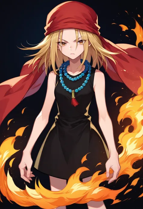 a woman in a black dress and red scarf holding a fire