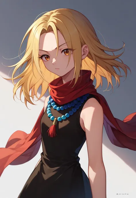 score_9, score_8_up, score_7_up,  1girl,   kyouyama anna, blonde hair, short hair, brown eyes, black dress, bead necklace,  red scarf, sleeveless,   <lora:Anna DORA-000009:1>