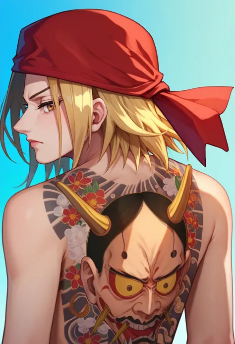 score_9, score_8_up, score_7_up,  hannya tattoo, back tattoo, 1girl,  <lora:Hannya tattoo-000008:1>    <lora:Anna kyouyama:1> kyouyama anna, blonde hair, short hair, brown eyes, red bandana,