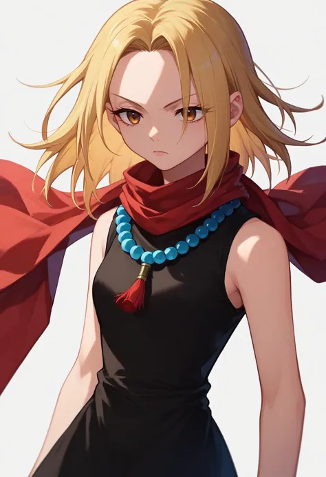 score_9, score_8_up, score_7_up,  1girl,   kyouyama anna, blonde hair, short hair, brown eyes, black dress, bead necklace,  red scarf, sleeveless,   <lora:Anna DORA-000009:1>