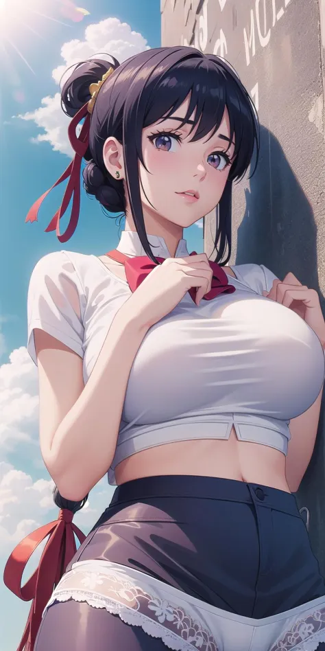 miyamizu_mitsuha, red bowtie,
jewelry, white yoga crop top, white yoga tight shorts, hands on chest,see-through, looking at viewer,  hair ornament, choker, shy,
(masterpiece, top quality, best quality, official art, beautiful and aesthetic:1.2), (1 girl), ...