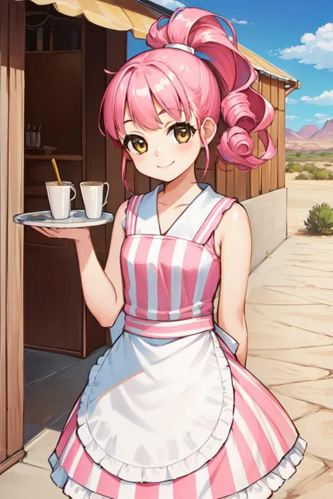 a woman in a pink and white dress holding a cup of coffee