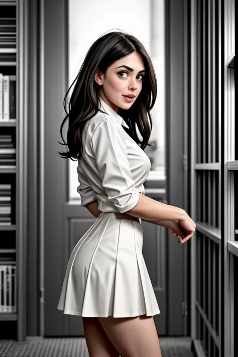 TV_마르티나_윌슨_MXAI_v1, 드레스 셔츠와 스커트를 입고, 서 있는,  즐거운 표정, 측면에서 , 먼지 쌓인 도서관에서