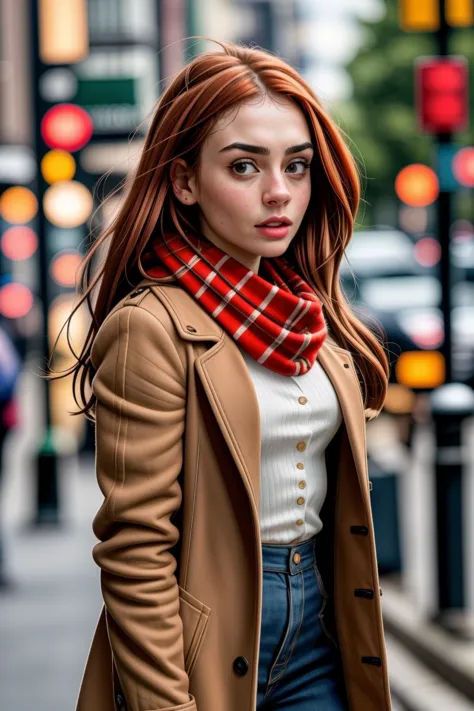 arafed woman in a tan coat and a red plaid scarf