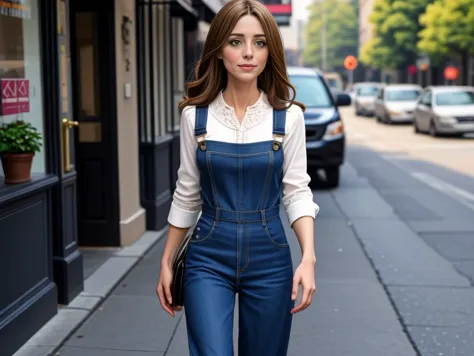 Kate_McFey, pair of overalls with a ruffled or lace-trimmed blouse, and a pair of ankle boots or clogs, terrace,