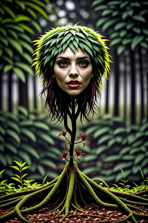 Masterpiece, Best Quality, ultrarealistic photography, real life, colorful, amazing, perfect lighting, bright colors, dramatic, dynamic, cinematic lighting, hyperrealism, intricate details, epic, realism, 
([ Gillian Jacobs|Alissa White-Gluz]), (dryad:1.3) transformation, tree roots, twisting vines, overgrown legs, (carnivorous plant:1.2), marijuana, green pheromones, pollen dust, aroused, PA7_Photo 