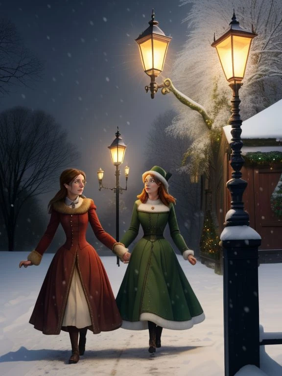 2 名身着维多利亚时代服饰的女性, 凯特_麦克菲,劳伦_锻造, 走出木制衣柜，进入纳尼亚世界, 下雪, 地面上的煤气灯柱, 狮子阿斯兰,  圣诞节