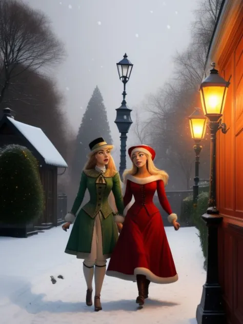 ビクトリア朝の衣装を着た女性 2 人, ヴィッキー_ゼーン,マリア_価値, 木製タンスの奥からナルニア国の世界へ足を踏み入れる, 雪が降る, 地面のガス灯街灯, ライオンのアスラン,  クリスマス