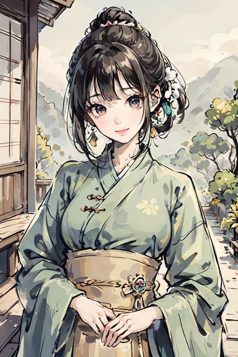 (masterpiece),best quality,good anatomy, shuimobysim,(1 girl:1),(oval face),(upper body),(smile),short hair,(hanfu),(ecchi0.5), (trees:0.5), (flowers:0.6) ,(wooden house:0.2),(bamboo forest:0.2),(creek:0.2),(river:0.2), <lora:Moxin_10:0.5>, <lora:Moxin_Shukezouma11:0.5>