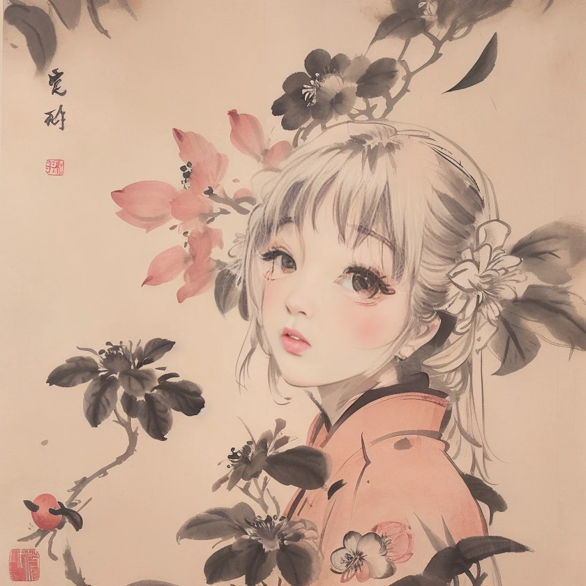 shukezouma, negative space, , shuimobysim ,(portrait:1.2), solo, masterpiece, best quality,flower, looking to the side, peach blossom, bangs,,  traditional chinese ink painting, 