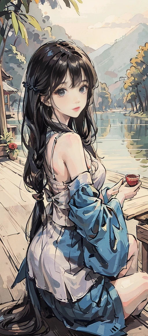 masterpiece, best quality, official art, 8k wallpaper, highly detailed, illustration, 1 girl, Azure hair, long hair, detailed eyes, forrest, bare shoulders, hanfu,lakes, pure, soft smile,bamboo,Tea