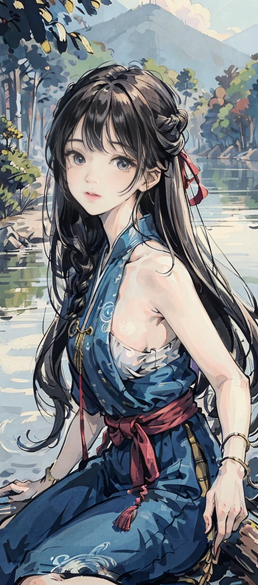 masterpiece, best quality, official art, 8k wallpaper, highly detailed, illustration, 1 girl, Azure hair, long hair, detailed eyes, forrest, bare shoulders, hanfu,lakes, pure, soft smile,bamboo,Tea