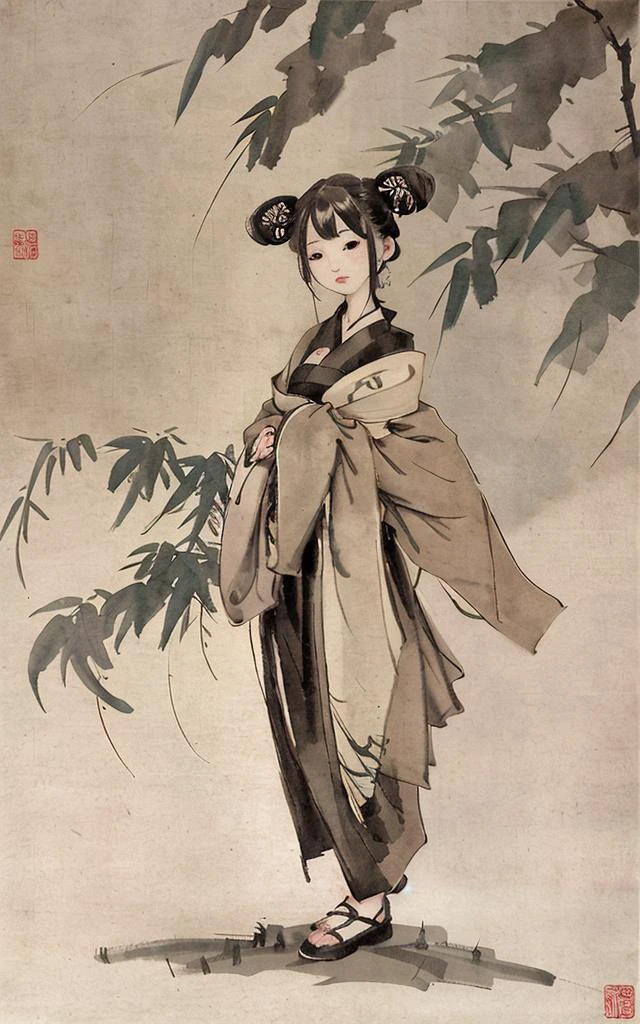 shukezouma, negative space, , shuimobysim , portrait of a woman standing , willow brancheasterpiece, best quality:1.2), traditional chinese ink painting, modelshoot style, peaceful, (smile), looking at viewer, wearing long hanfu, hanfu, song, willow tree in background, wuchangshuo,