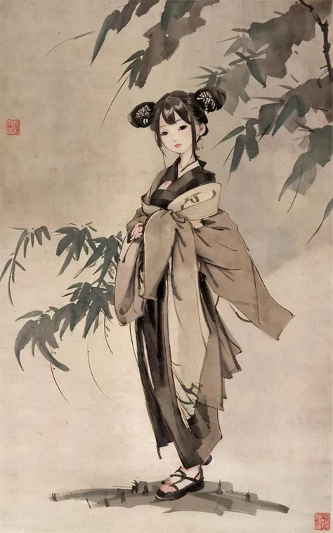 shukezouma, negative space, , shuimobysim , <lora:shuV2:0.8>, portrait of a woman standing , willow branches, (masterpiece, best quality:1.2), traditional chinese ink painting, <lora:shuimobysimV3:0.7>, modelshoot style, peaceful, (smile), looking at viewer, wearing long hanfu, hanfu, song, willow tree in background, wuchangshuo,