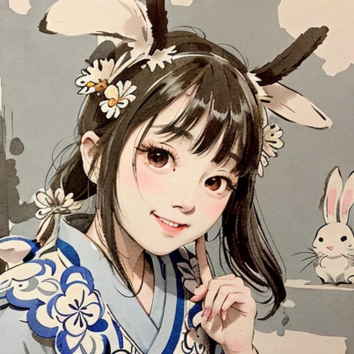 (Obra de arte, melhor qualidade:1.2),
shukezouma, espaço negativo, pintura a tinta tradicional chinesa,
uma adolescente usando um vestido azul claro e branco com faixa de orelha de coelho,  com uma parede florida atrás dela, 
pacífico, (Sorriso), olhando para o espectador,