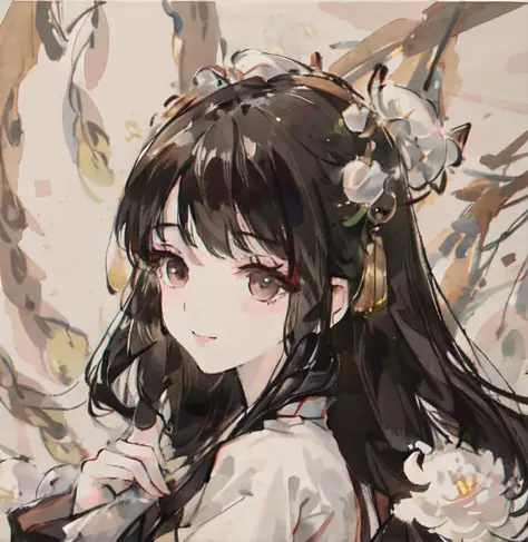 1 GIRL, Chinese dress, holding Chinese traditional umbrella, white flower ,wood background ,black hair, white dress,  ,portrait ...