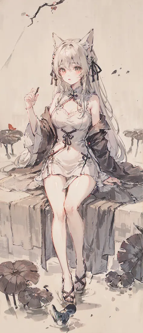 ((4k,masterpiece,best quality)), shuimobysim, traditional chinese ink painting, lotus,  hanfu, maxiskit, dress conservatively
1 girl, solo, white hair, long hair, fox ears, white, bikini, fish, many fish near girl, look at viewer, tease
