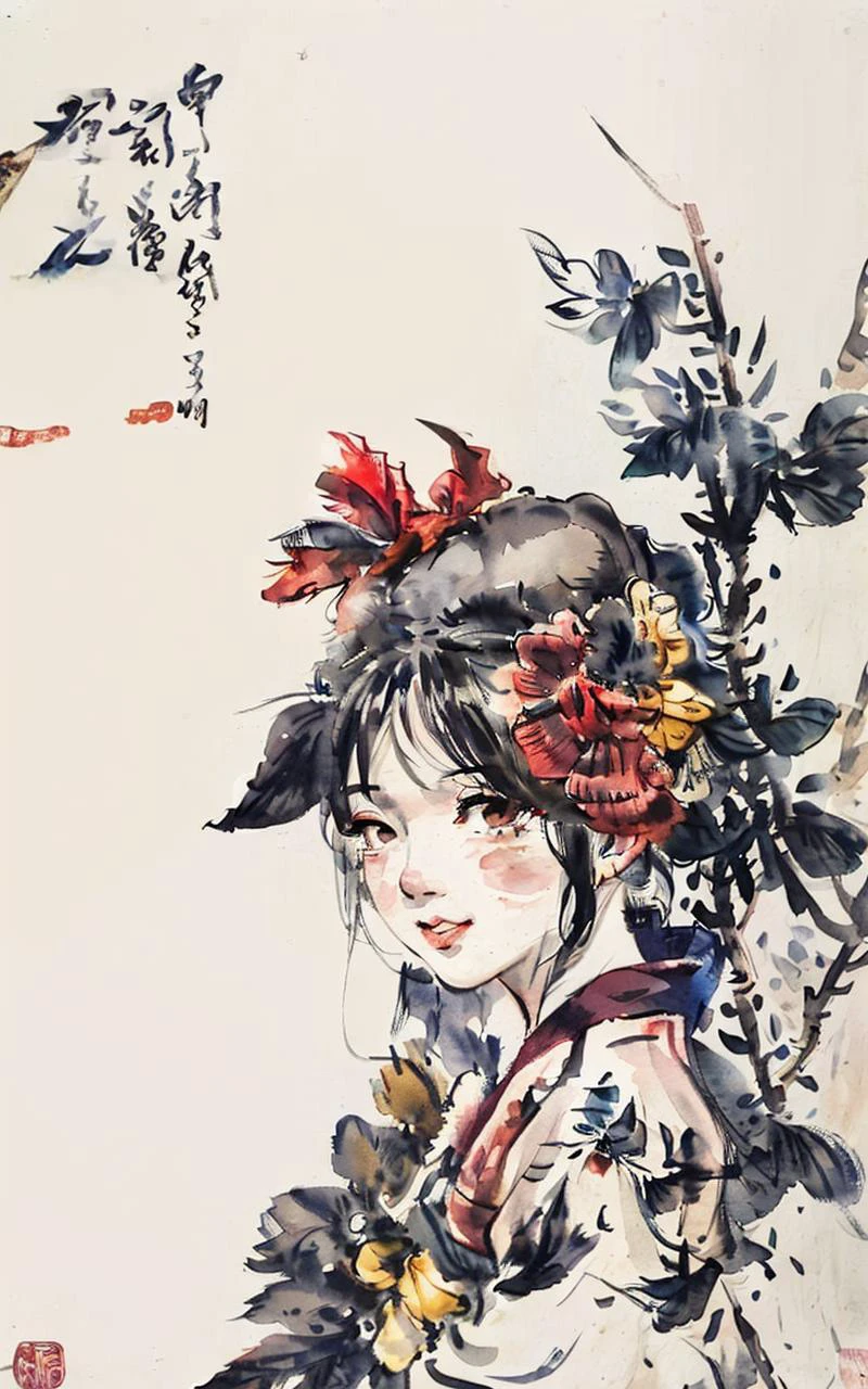 masterpiece, best quality, painting,
water color painting, shukezouma, negative space, ink wash, chinese ink painting,
one girl, pretty, (Hakurei Reimu:1.5), smile, 
blush, brown eyes, intricate eyes, heavy eye makeup, bare shoulders, 
red hair bow, frills, wide sleeves, detached sleeves, hair tubes, 
red skirt, red shirt, yellow ascot, bare calf,
peaceful, standing, looking at viewer, (full body:1.2), 
simple background, flower tree branch in background, (song, poem, verse, stamp:1.2),
wuchangshuo, bonian, zhenbanqiao, badashanren, shuimobysim