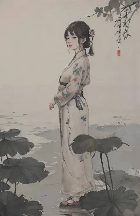 best quality,masterpiece,shukezouma,negativespace,shuimobysim,<lora:shuV2:0.5>,a girl,full body,peaceful,beautiful,expressionless,standing,traditional chinese ink painting,<lora:shuimobysimV3:0.5>,looking at viewer,china hanfu,lotus flower in background