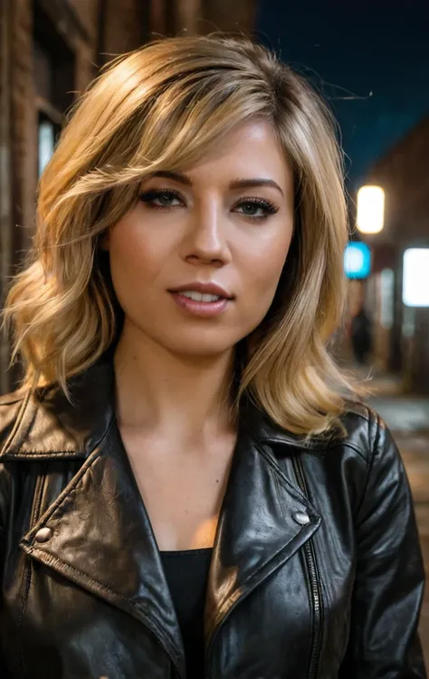 a beautiful picture of jennmcc, <lora:jennmcc:1> detailed skin texture,masterpiece, photorealistic, woman, 4k, light, RAW color photo,(fully in frame:1.1), (goosebumps:0.5),blonde, detailed face,subtle smile,wearing a leather jacket,night,alley